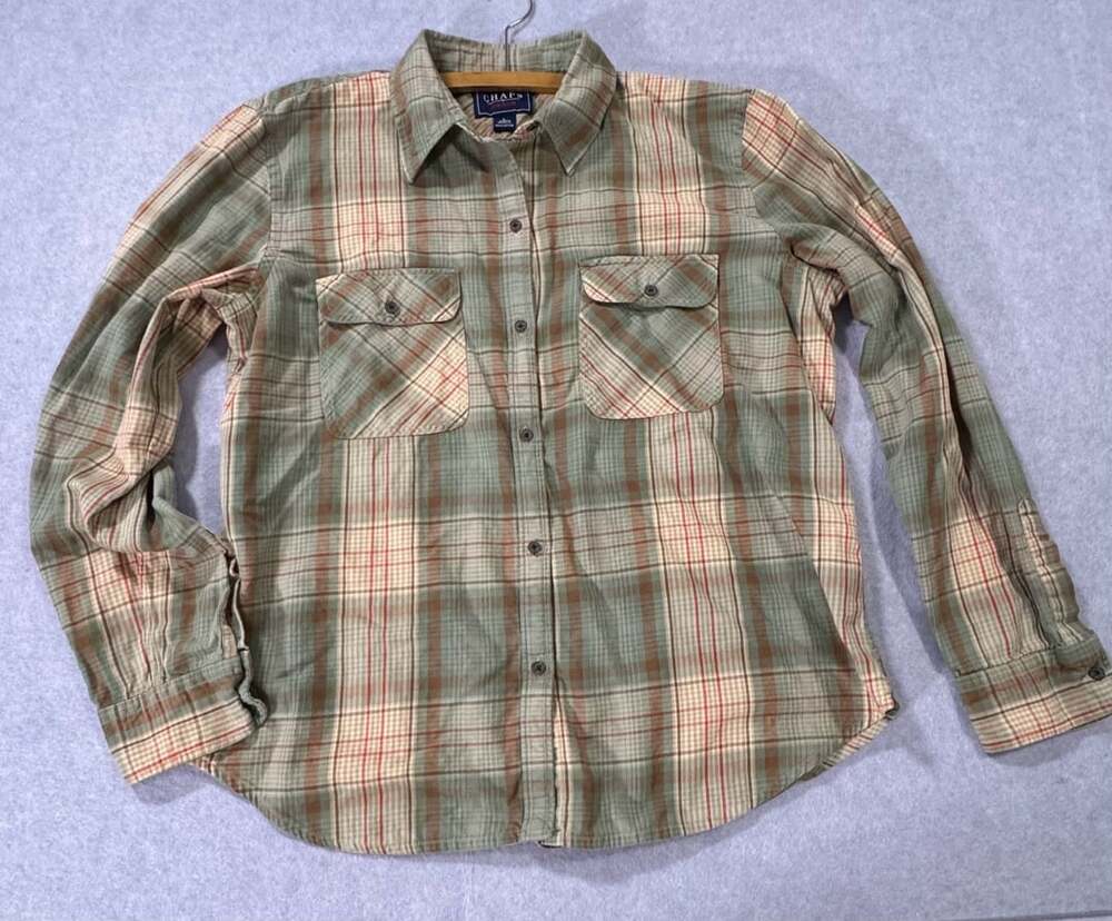 Chaps Denim Plaid Button Down Shirt Size L Green Brown Red Cotton